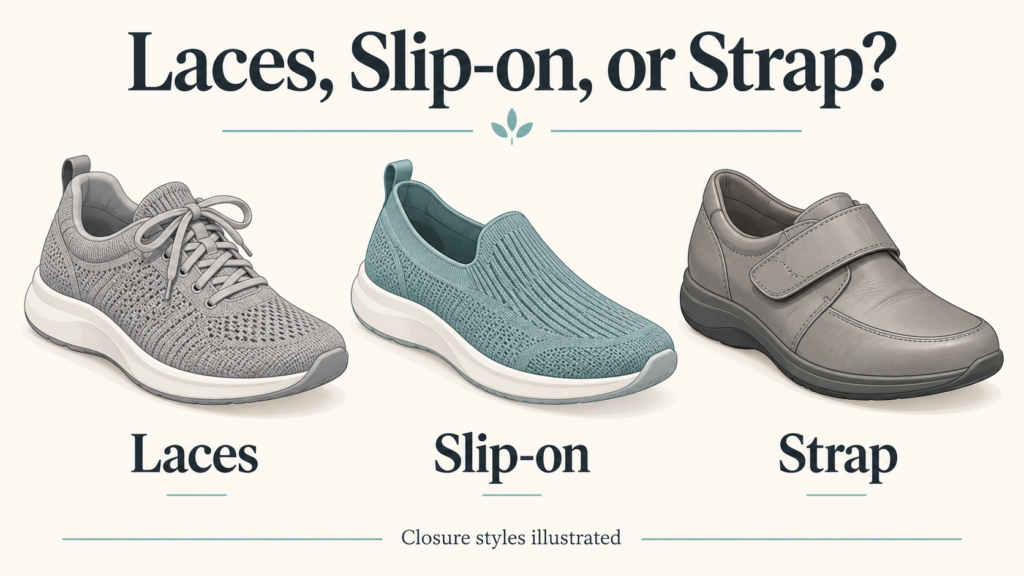 Illustrated comparison of a lace-up sneaker, a slip-on sneaker, and a strap shoe; generic closure styles, not actual Aetrex product photographs
