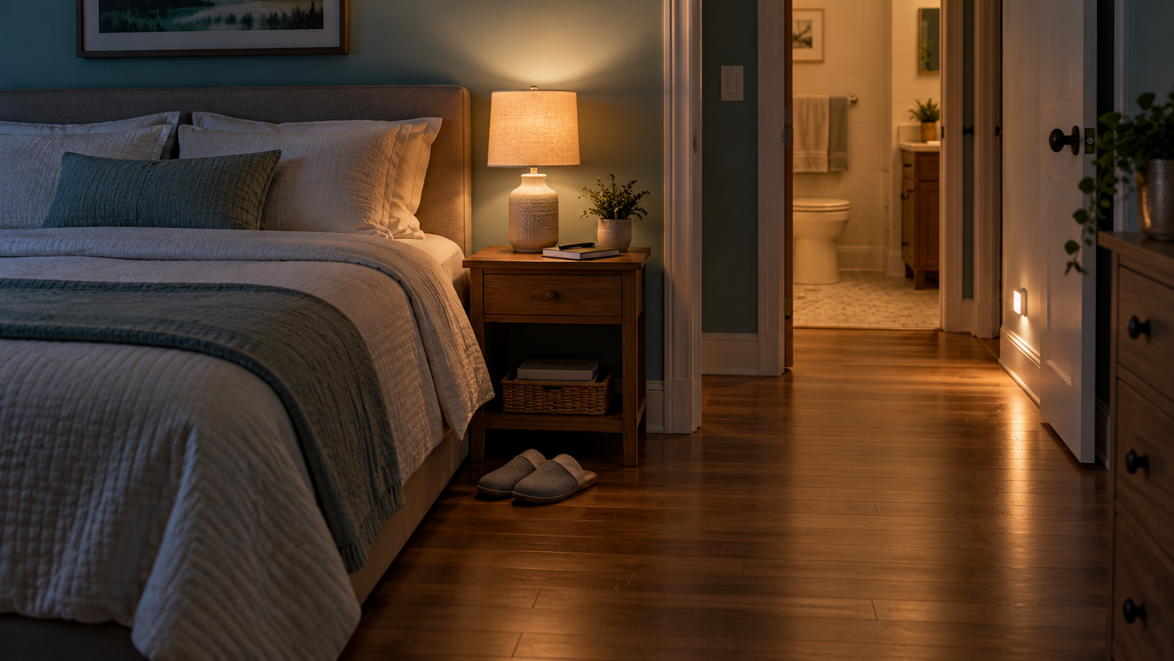 Illustrative bedroom scene showing a clear walking route and gentle nighttime lighting.