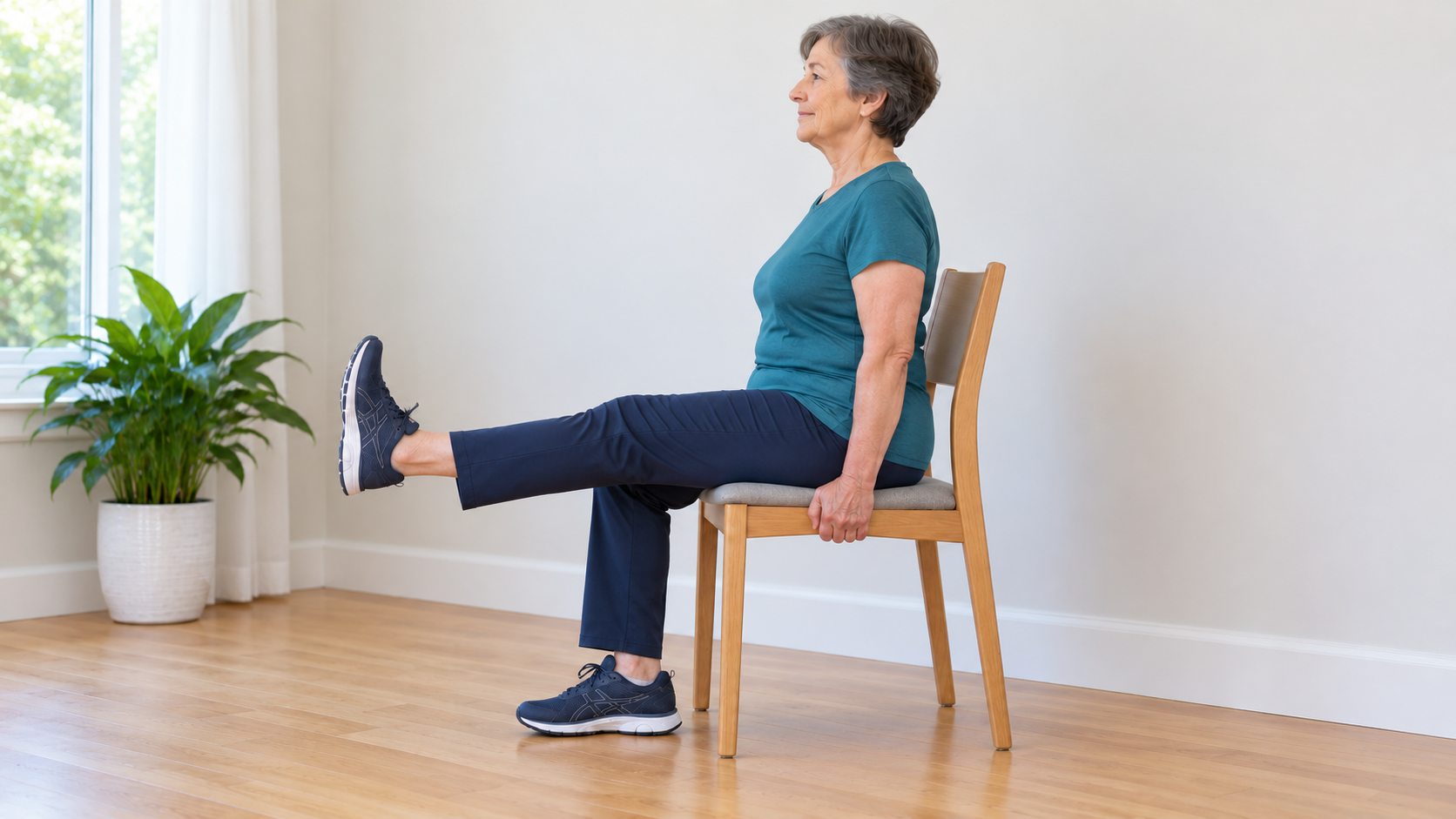 Illustration of seated ankle movement with one leg extended, toes drawn back toward the shin, and the other foot flat on the floor.