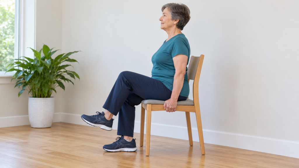AI-generated illustration of a seated march: one bent knee raised and the other foot planted, with hands holding the chair seat.