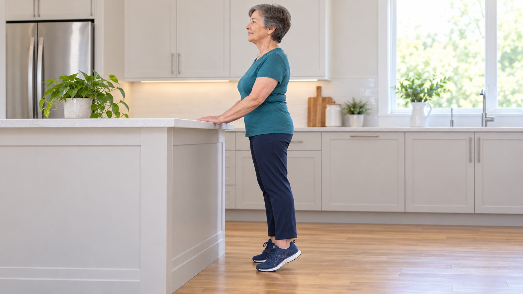 Illustration of a supported calf raise at a fixed kitchen counter, heels lifted and forefeet on the floor.