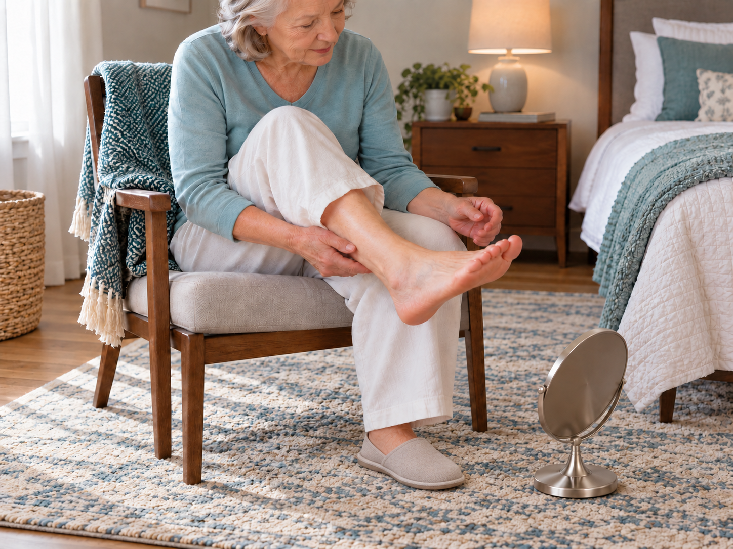 Illustration of a seated adult using a floor mirror in front of the chair to check a raised foot.